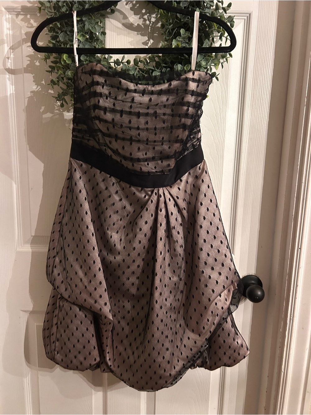David's Bridal Strapless Black Polka Dot Taupe Cocktail Dress